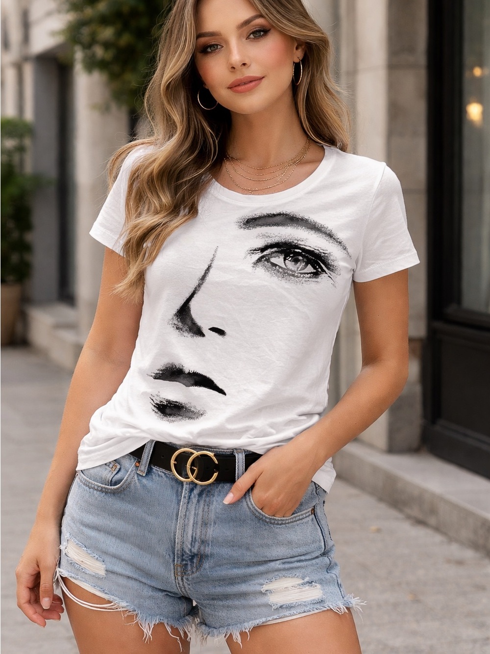 New York & Company Trendy White Tee with Black Face Graphic - Women
